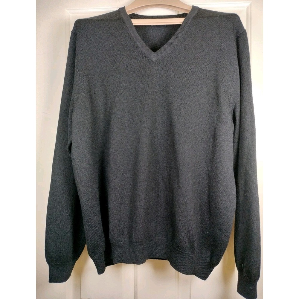 Brooks Brothers V-Neck Sweater Men Large Black Merino Wool Blend Long Sleeve